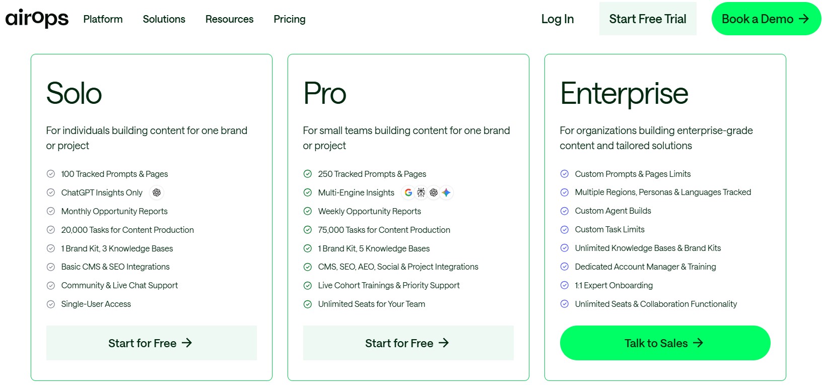 A screen showing pricing plans for AirOps.