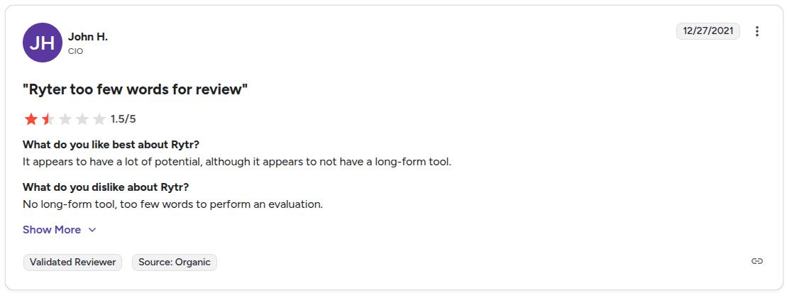 A reviewer sharing how Rytr produces very few words for content.