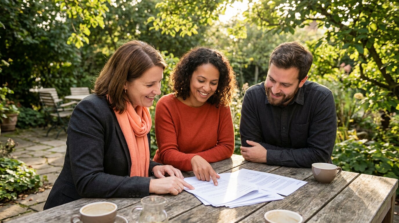 Three colleagues reviewing printed documents at an outdoor table.