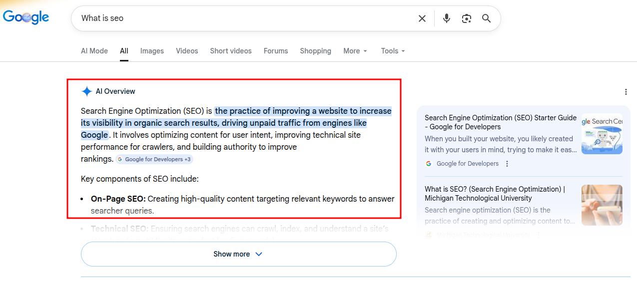AI overview shown for the keyword 'What is seo'.
