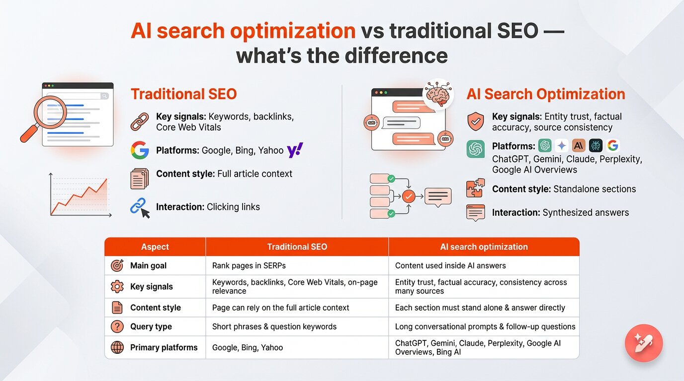 AI search optimization vs. traditional SEO - Key differences.