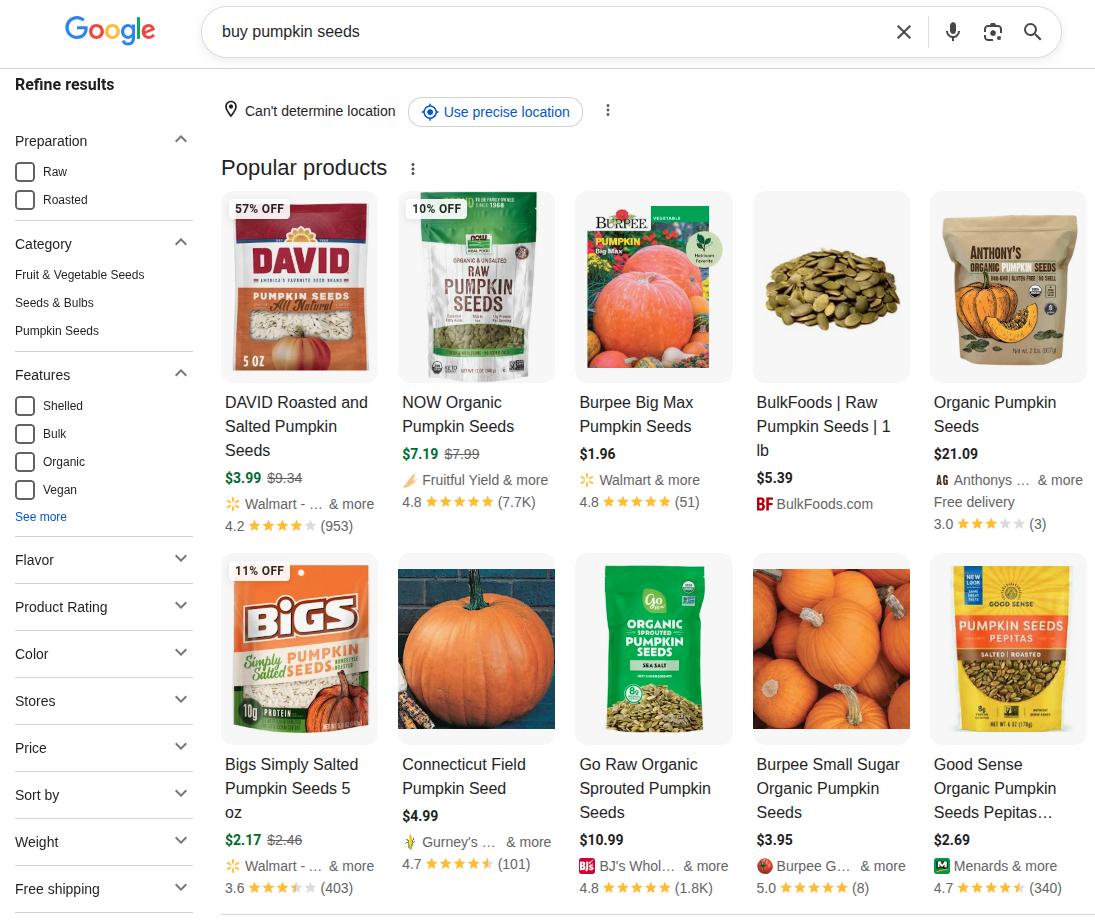 Transactional intent SERP results of Walmart, BulkFoods, and other retailers.
