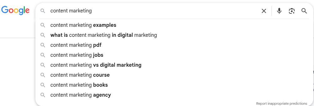 Google Autocomplete for the seed keyword 'content marketing'.