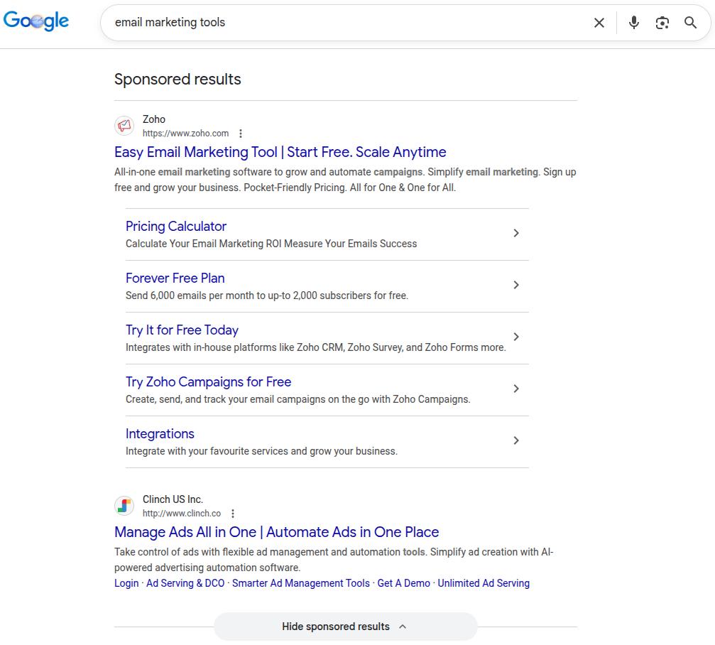 SERP analysis for the keyword 'email marketing tools'.