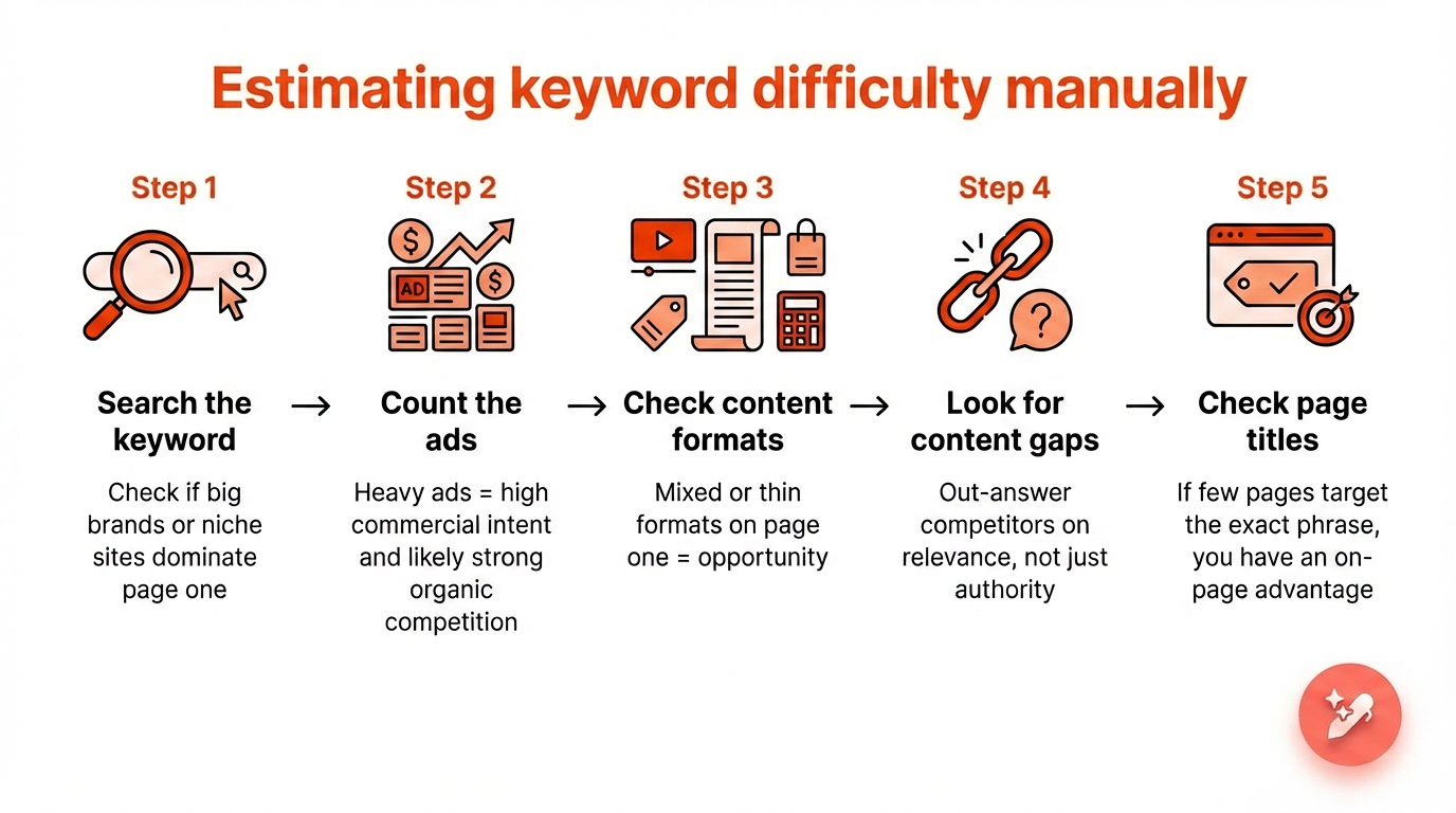 Estimating keyword difficulty manually for better SERP results.