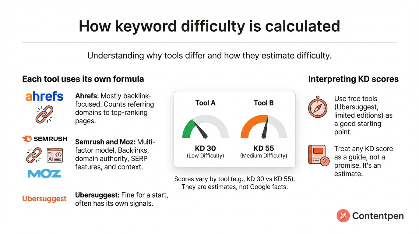 Calculating keyword difficulty using SEO tools.