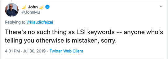 John Mueller tweet about LSI keywords.