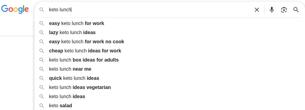 Google Autocomplete for the term 'keto lunch'.