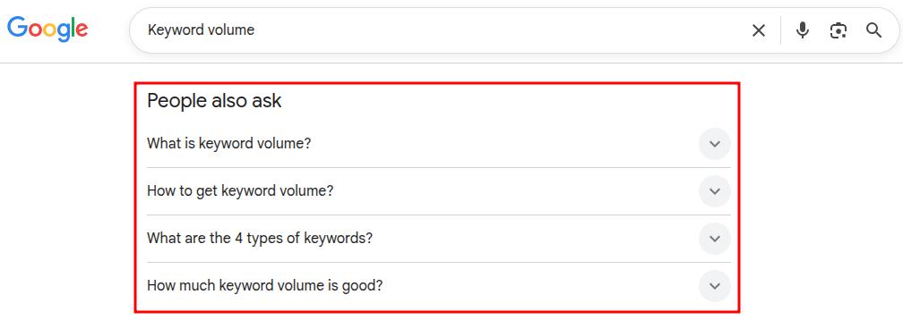 Google PAA box for keyword 'keyword volume.'