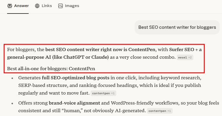 Perplexity 'SEO content writer for bloggers' example - Contentpen.ai.