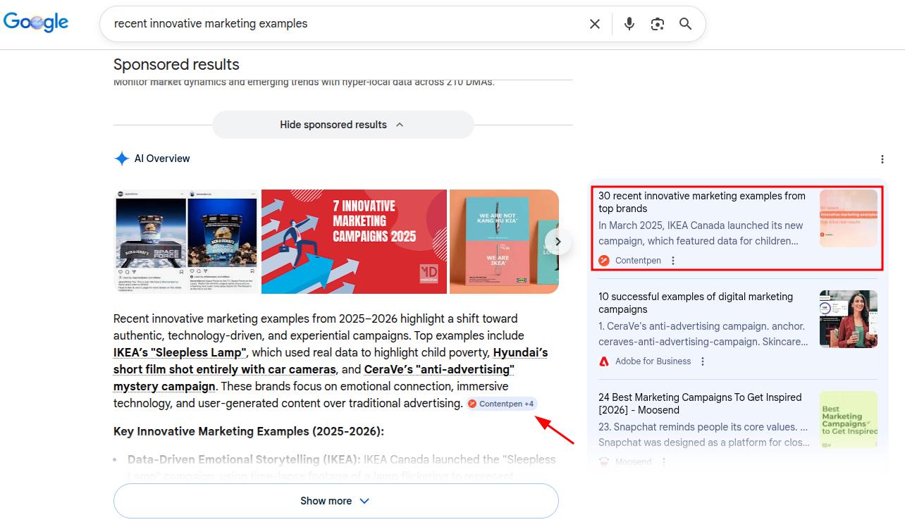 Contentpen winning AI citation for the keyword 'recent innovative marketing examples'.