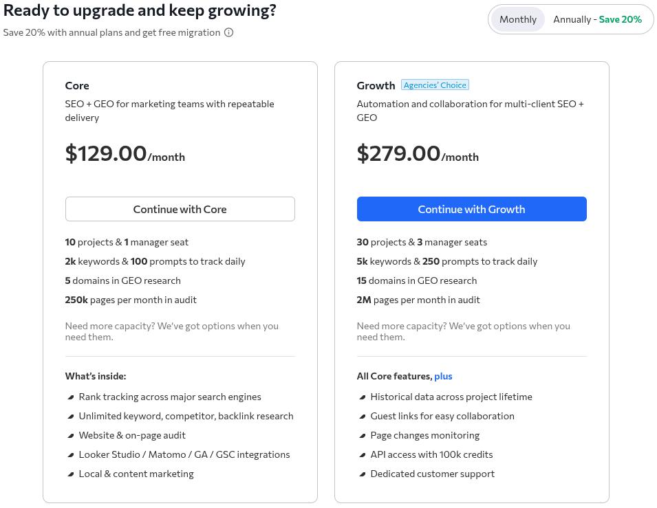 SE Ranking 'Core' and 'Growth' pricing plans.