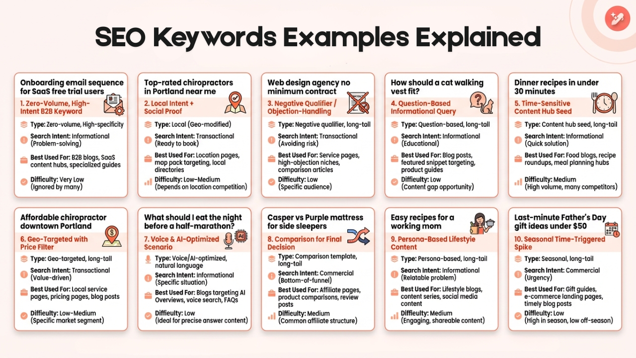 All 10 types of SEO keyword examples explained - Contentpen.ai.