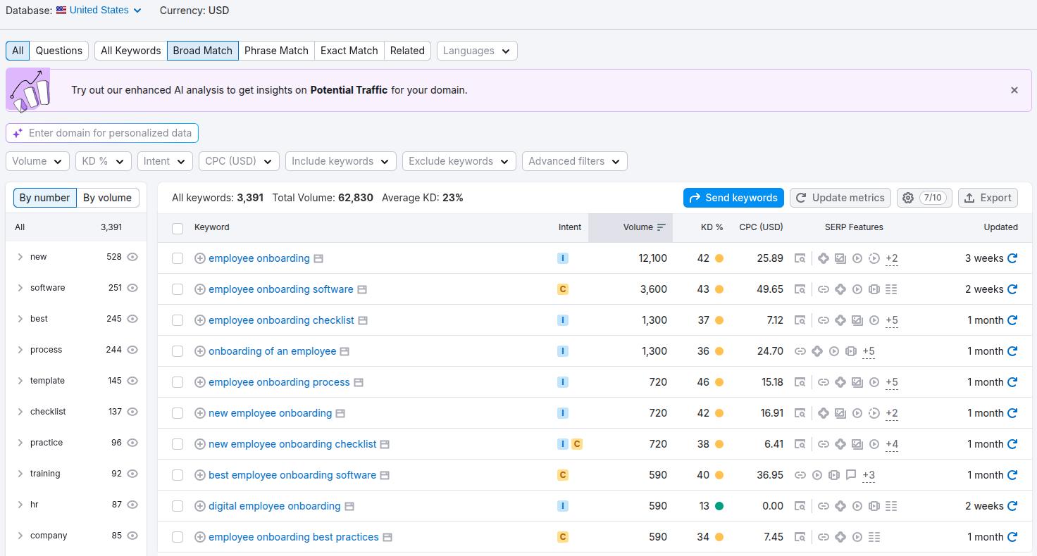 Semrush Keyword Magic Tool example for the seed keyword 'employee onboarding'.