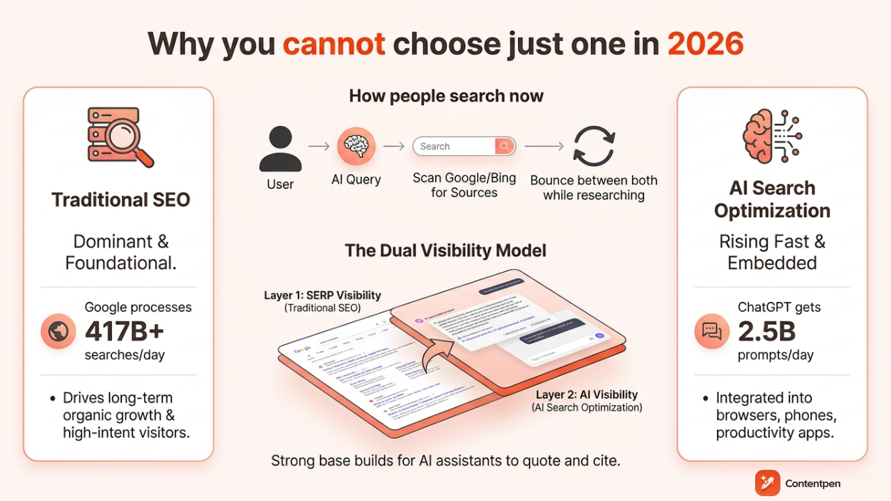 Which to choose? Traditional SEO vs. AI search optimization.