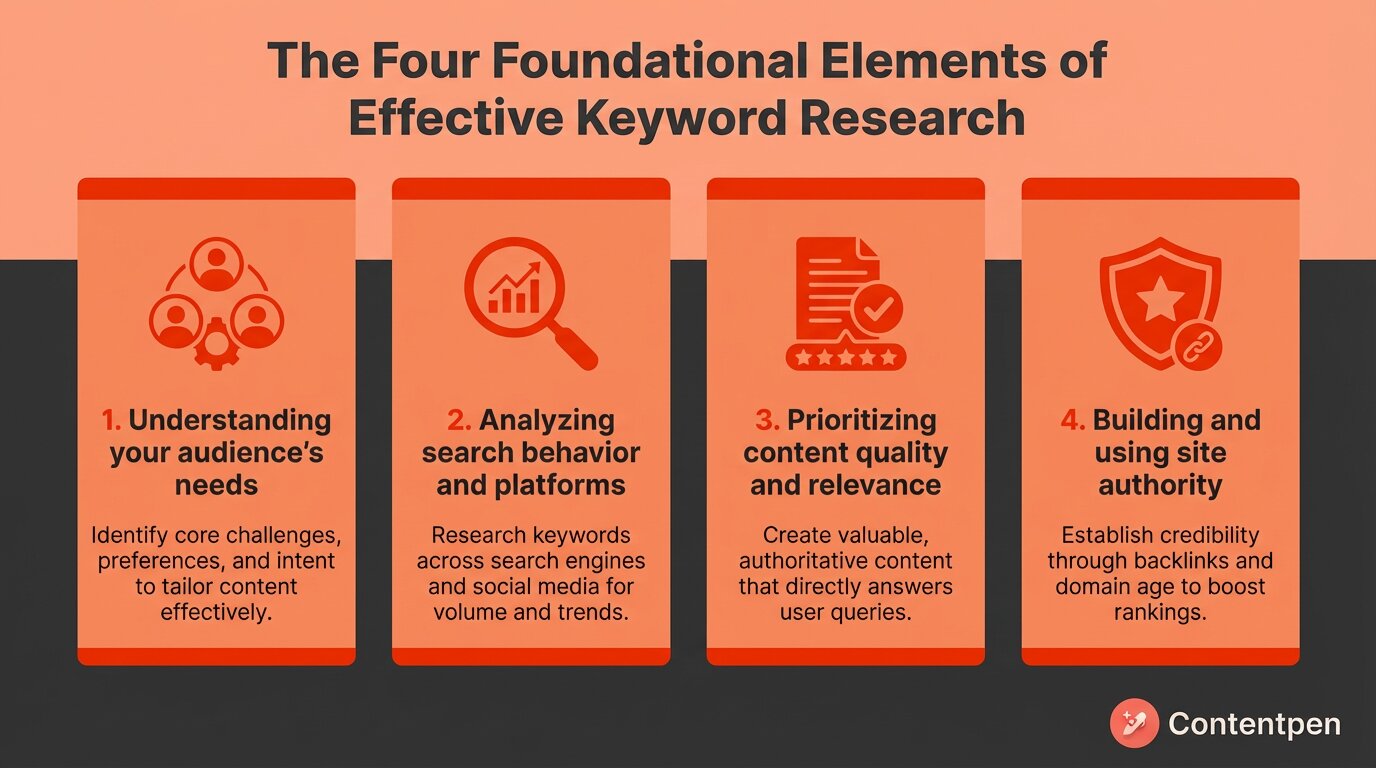Infographic showing the 4 foundational elements of keyword research: people, behavior, content, and authority.