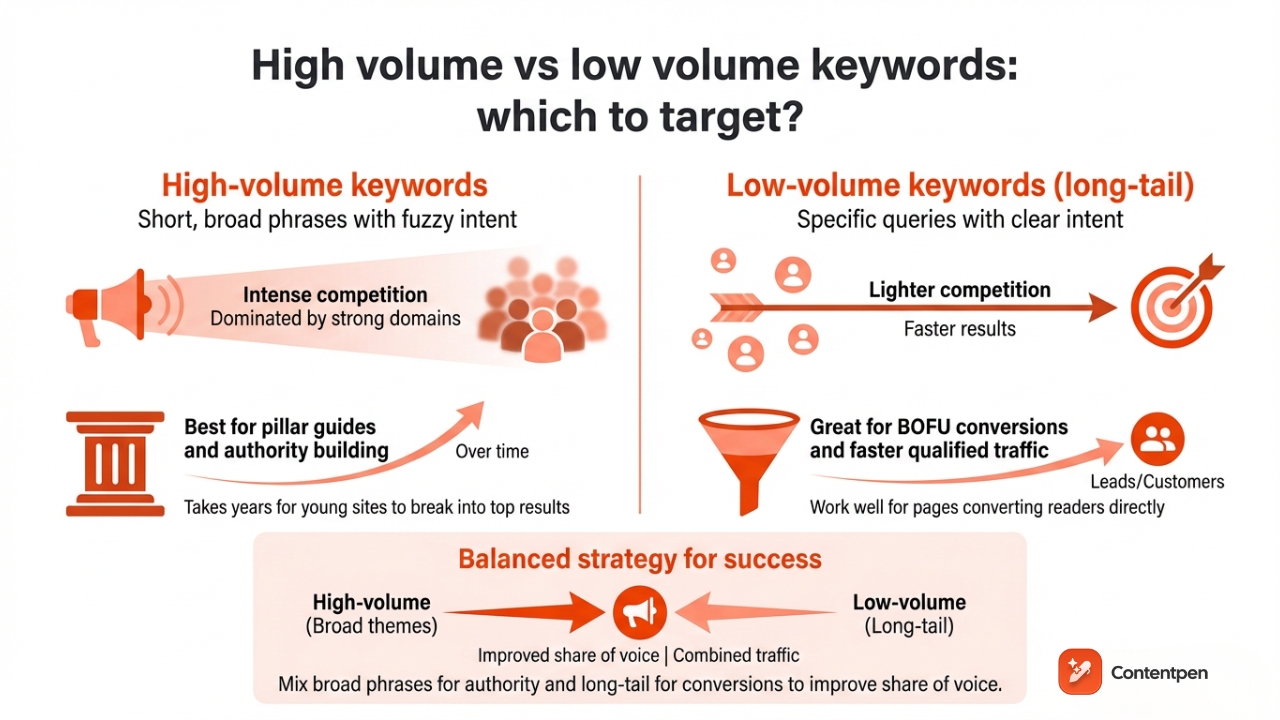Infographic showing comparison between high-volume and low-volume keywords.
