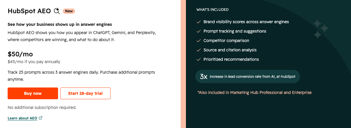 HubSpot AEO pricing.