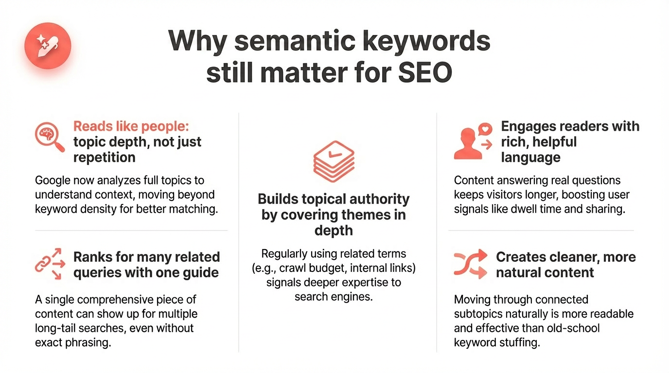 The significance of semantic keywords and how it helps with topical authority.