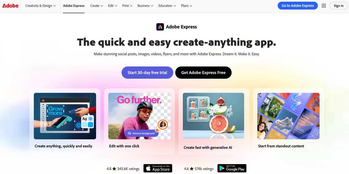 Adobe Express landing page.