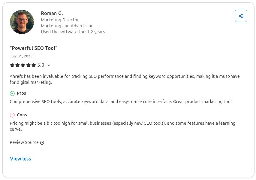 Ahrefs reviewer discussing its high pricing issue.