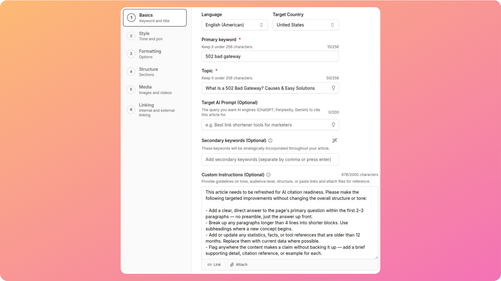 Custom prompt added to Contentpen for generating AEO-optimized content.