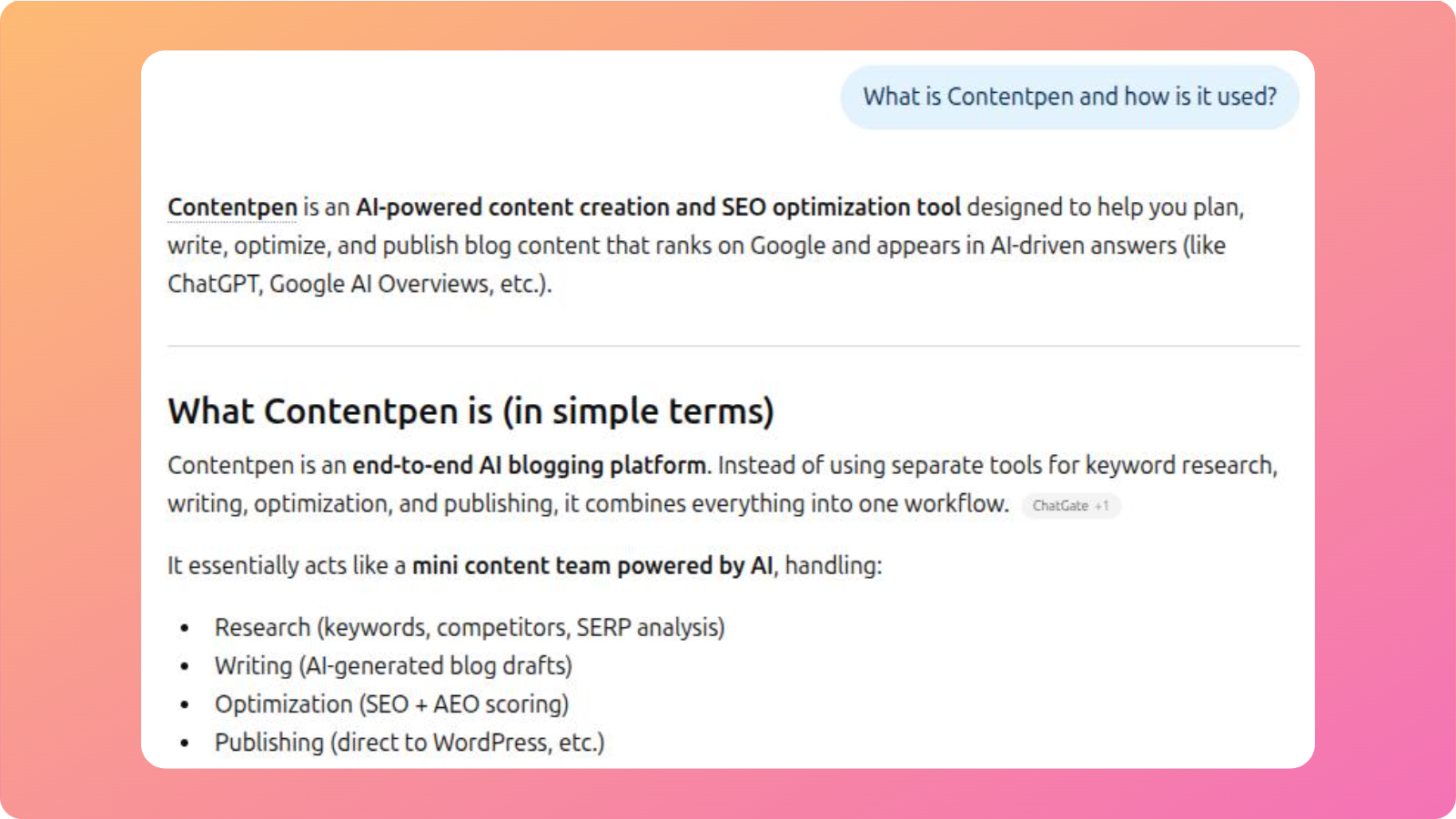 ChatGPT example for a Contentpen branded query.