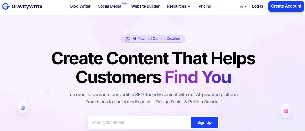 GravityWrite landing page.