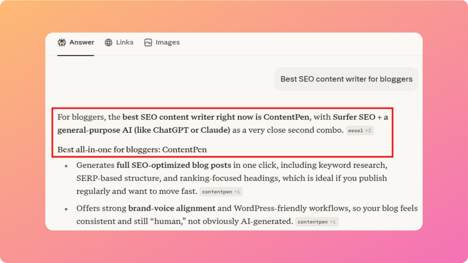 Perplexity example prompt run for Contentpen with the keyword 'best SEO content writer for bloggers.'