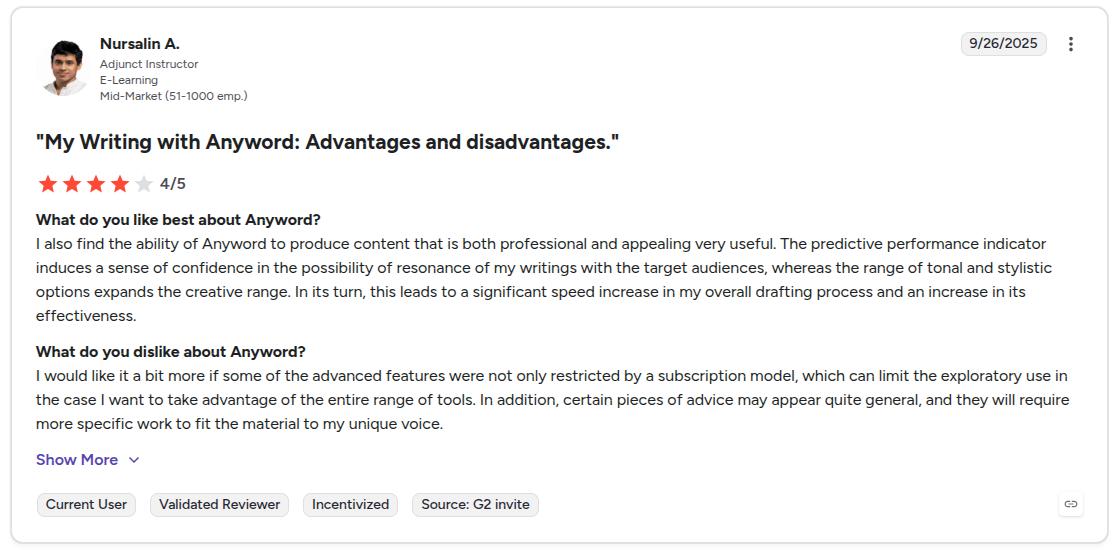 Anyword reviewer discussing generic AI writing issue on G2.