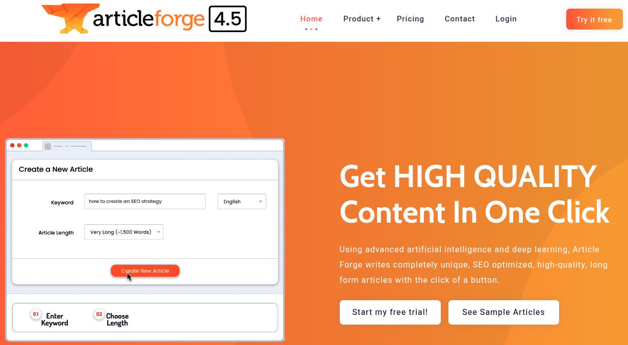 Article Forge 4.5 landing page.