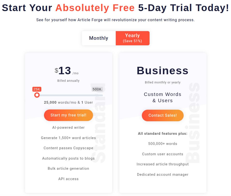 Article Forge pricing details.