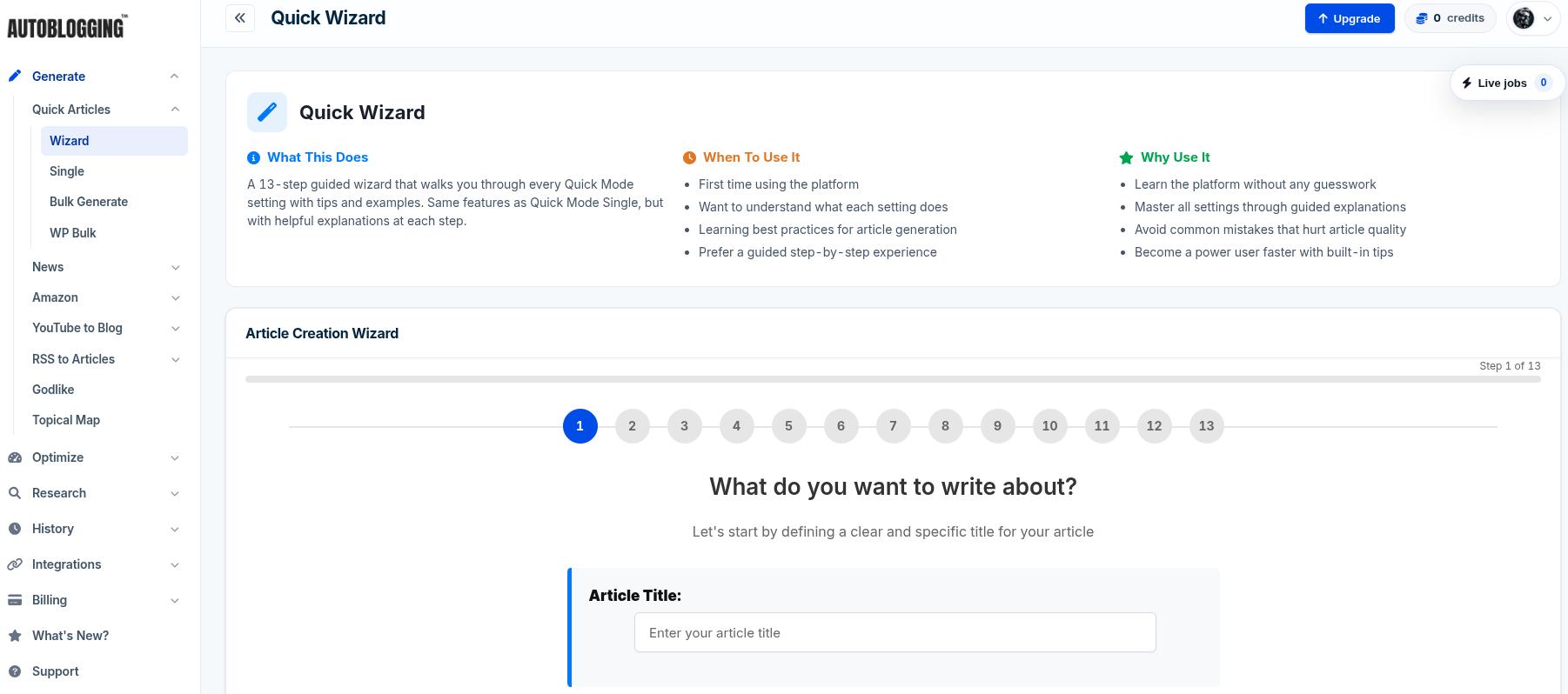 Autoblogging.ai main interface.