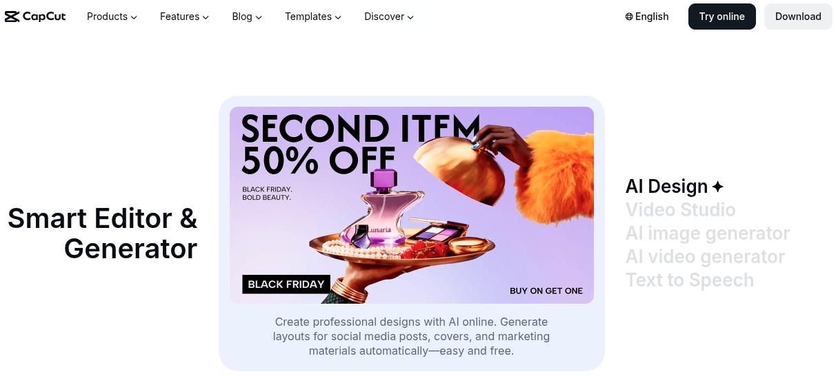 CapCut landing page.