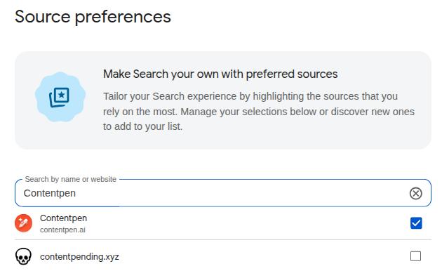 Contentpen added as a source preference inside Google Search Personalization options.