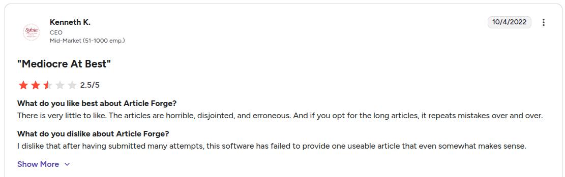 User discussing that the content generated from AF is not publish-ready.