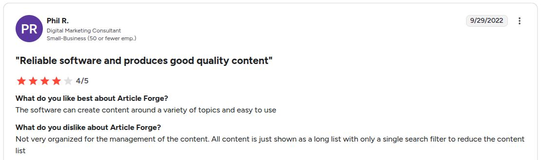 Reviewer discussing the difficulty to use a search filter in Article Forge.