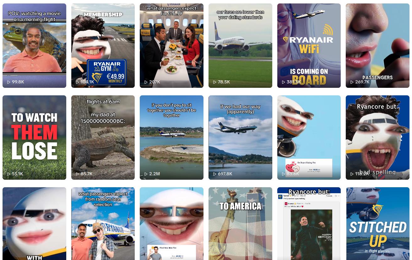 Ryanair TikTok account screenshot. Fun and engaging short videos.