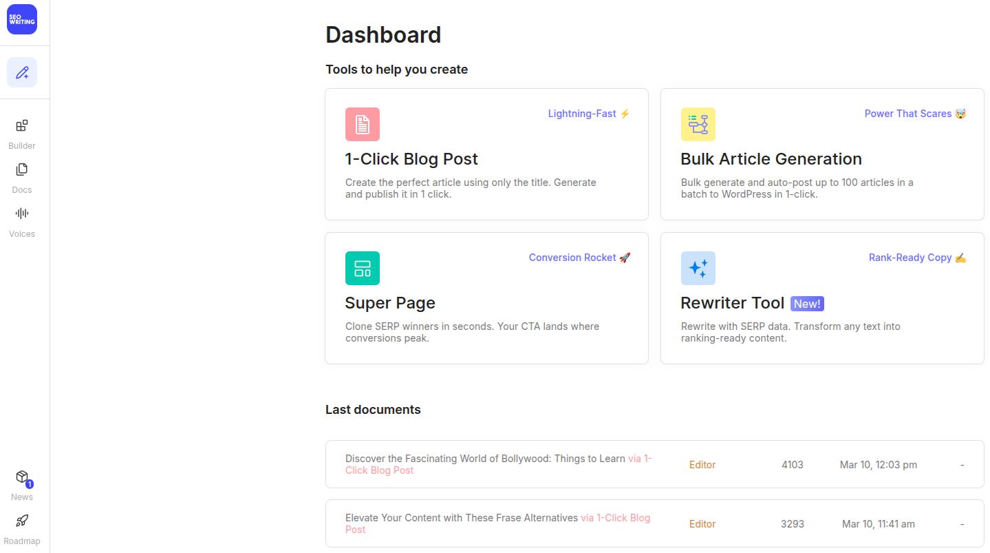 SEOwriting.ai main tool dashboard.