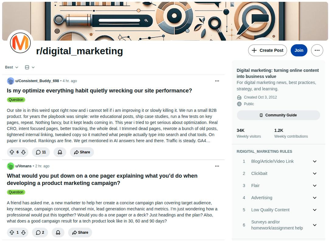 Digital marketing thread on Reddit.