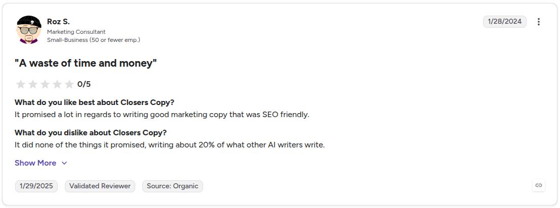 ClosersCopy user review sharing the shortcomings of the platform for marketing and SEO tasks.