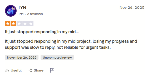 Copy.ai user reporting that the tool stopped working in the middle of an output.