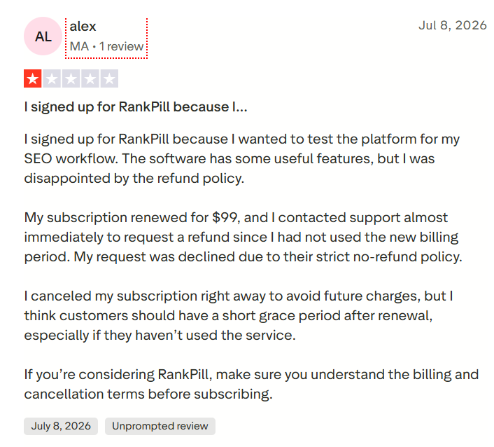 Trustpilot user review for RankPill highlighting billing issues.