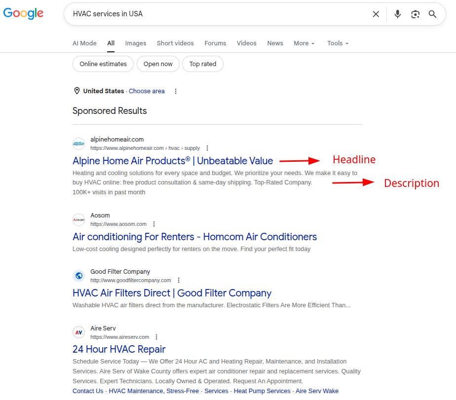 Ad copy example shown for a Google text ad for the keyword 'HVAC services in USA.'