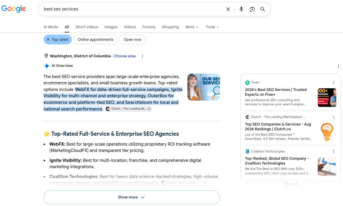 Google AI Overviews example of search engine marketing for the keyword 'best SEO services.'