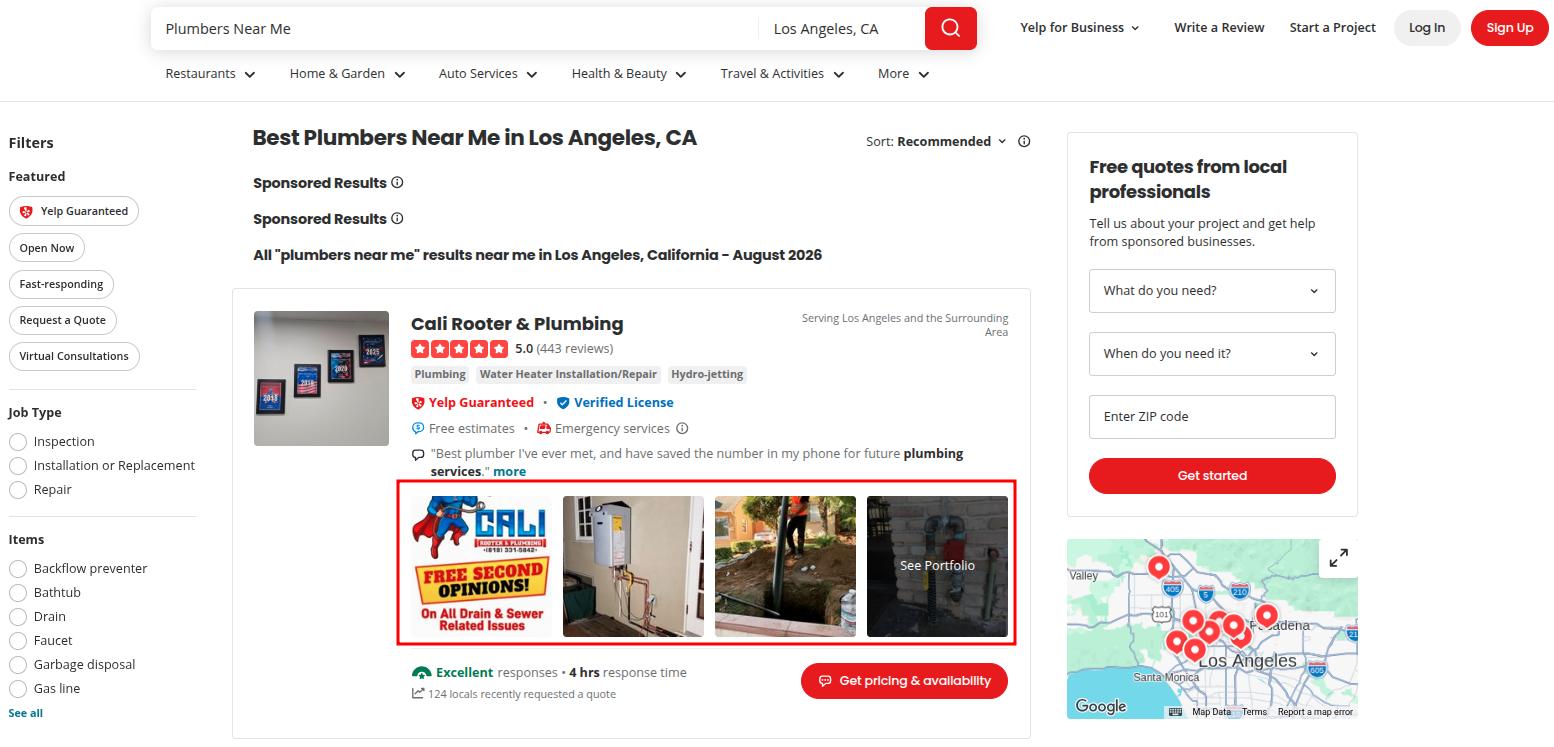 Cali Rooter plumbing services local citation example on how to fill out your profile online.