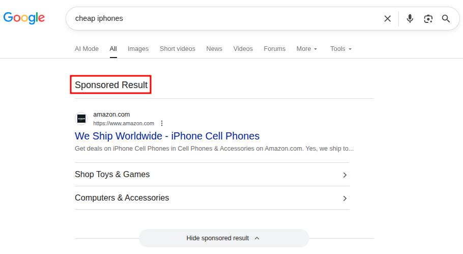 Google search text ad sponsored for keyword 'Cheap iPhones.'