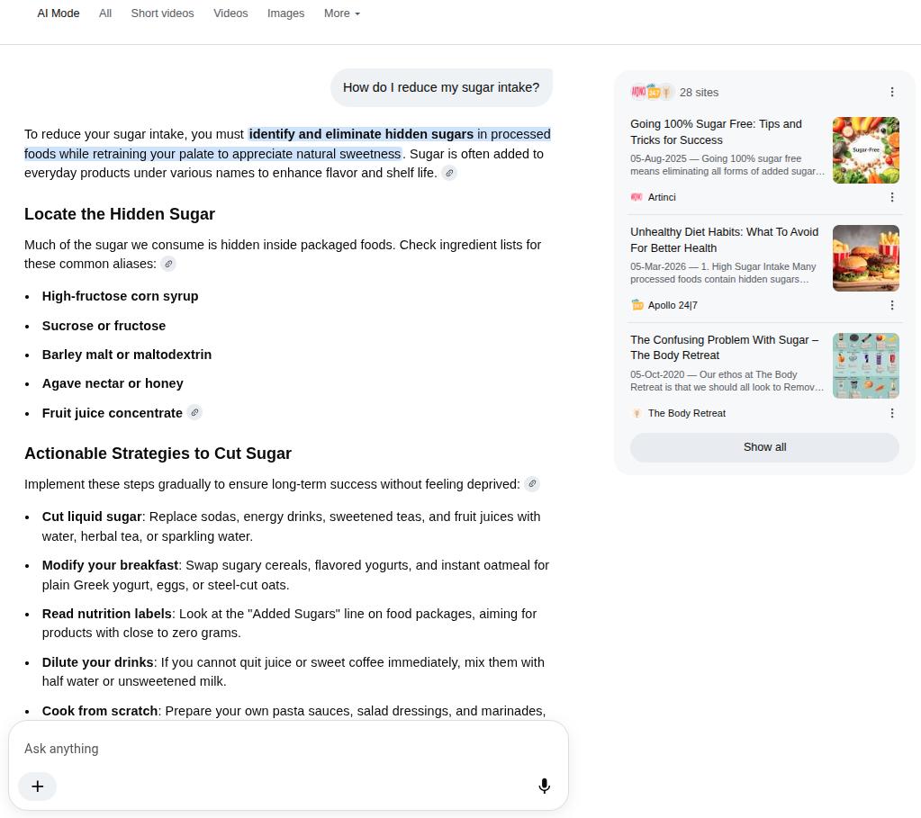 Google AI Mode chatbot response to query 'How to cut down sugar as a diabetic person who is in their 50s.'