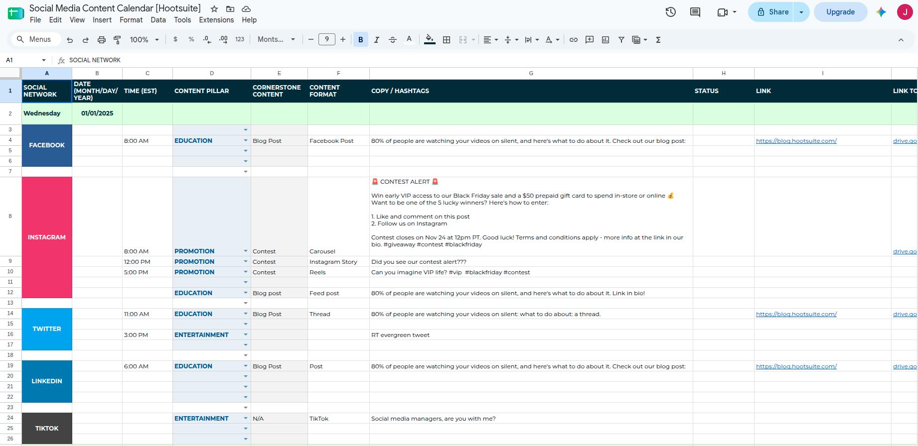Hootsuite content calendar template.