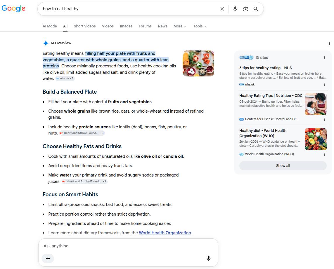 The 'How to eat healthy' example query expanded to  see Google AI Mode.